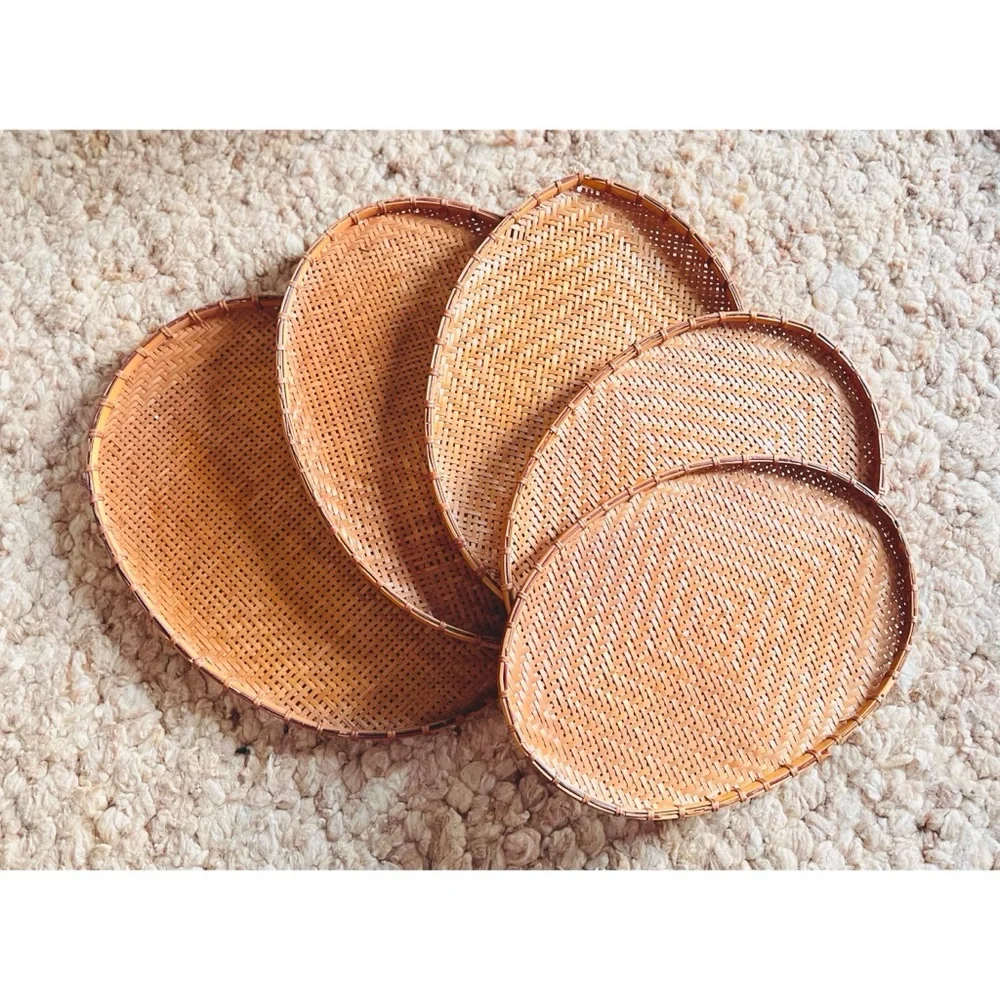 Set of 5 Vintage Woven Wicker Oval Nesting Trays Baskets for Table or Wall Decor